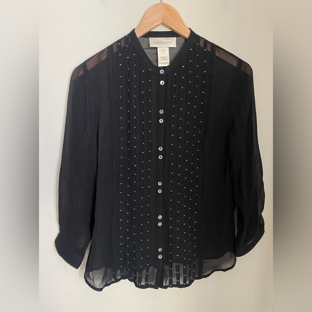 SUSAN BRISTOL Silk Black Button Up Sheer Blouse Size Small Vintage - Picture 2 of 15